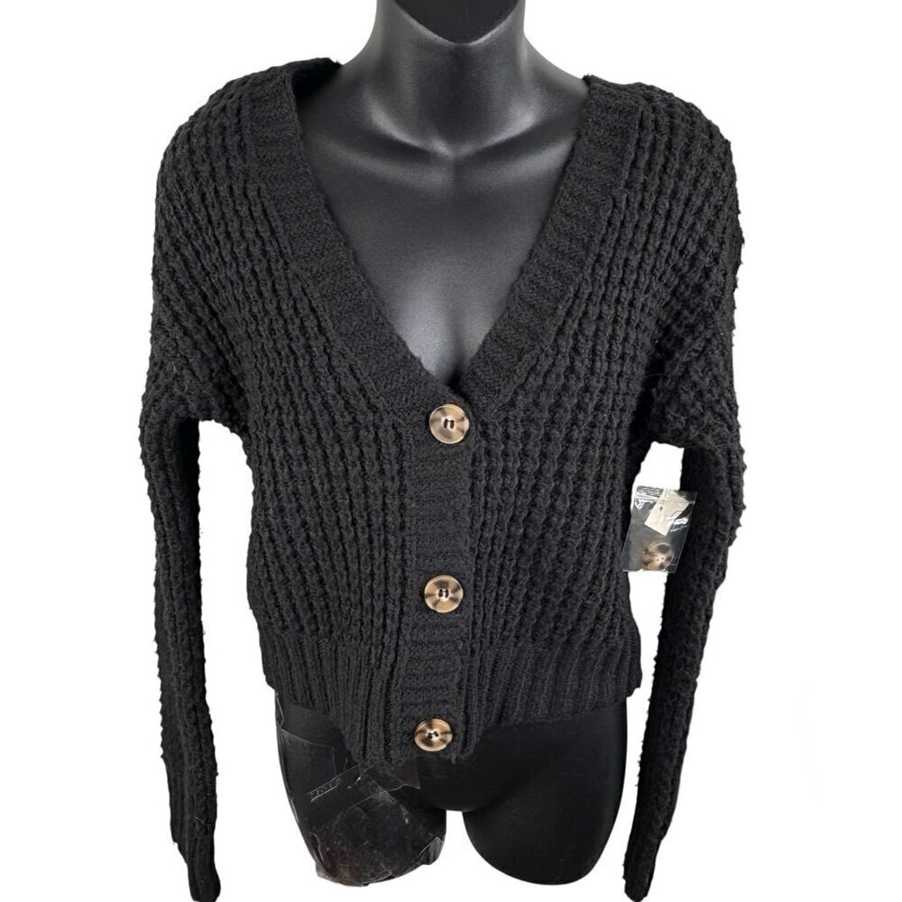 90s Grunge Academia Soft Chunky Knit Cropped Cardigan 3 Button Women’s XS Black